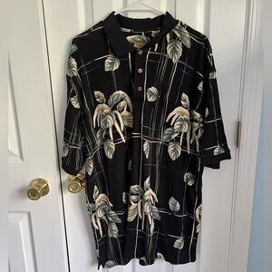 Caribbean Mens XL Silk Black Floral‎ Polo Short Sleeve Shirt